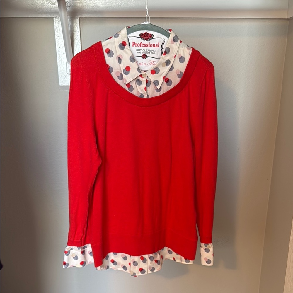 Kate Spade Size Large Orange Sweater with Polka Dot Undershirt Accents